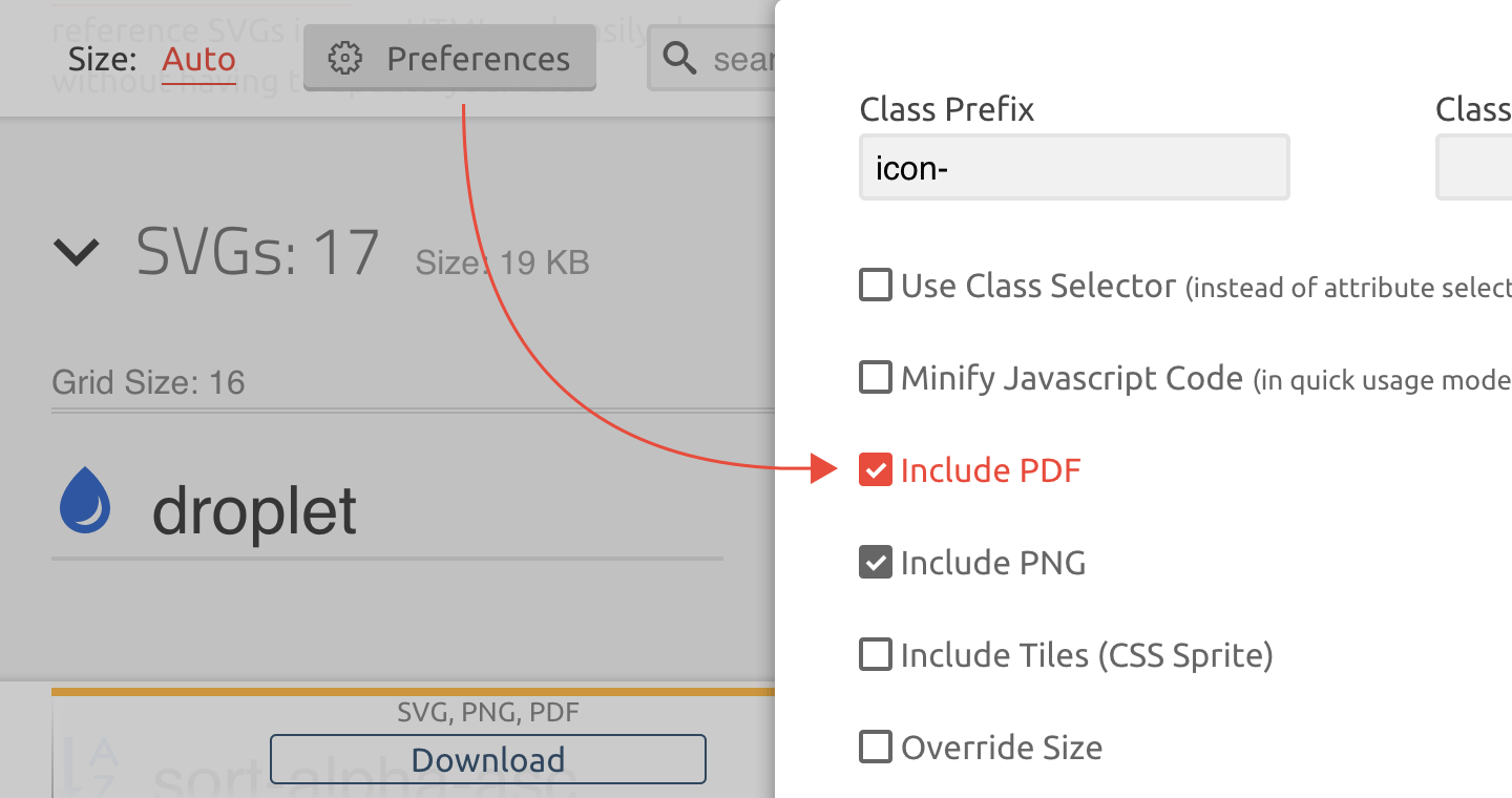 Generate SVG, PDF or PNG icons screenshot of available formats: SVG, PDF, PNG, Sprites